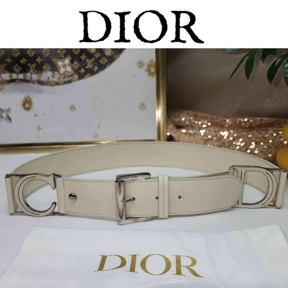 Authentic Christian Dior White Leather Belt With Dust Bag